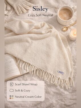 Sisley Cream Fringe Scarf Shawl Wrap Cozy Soft Neutral